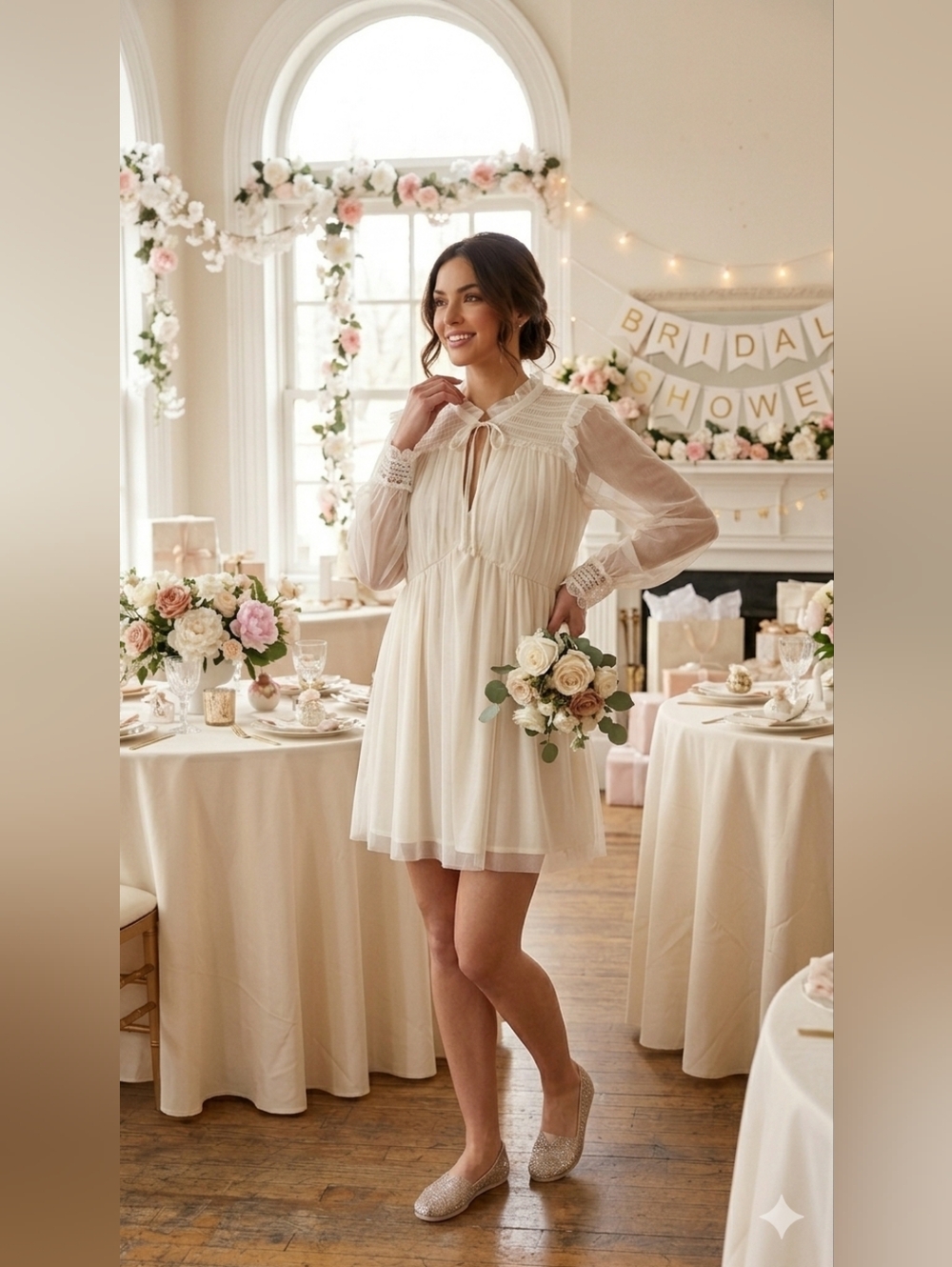 Umgee Size S Ivory Long Sleeved Chiffon Mini Dress